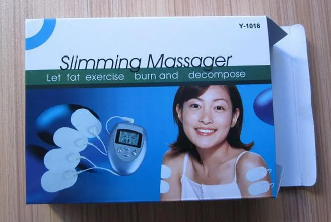 Blue 4-pad electric muscle stimulator massager with LED display and cable line on white background