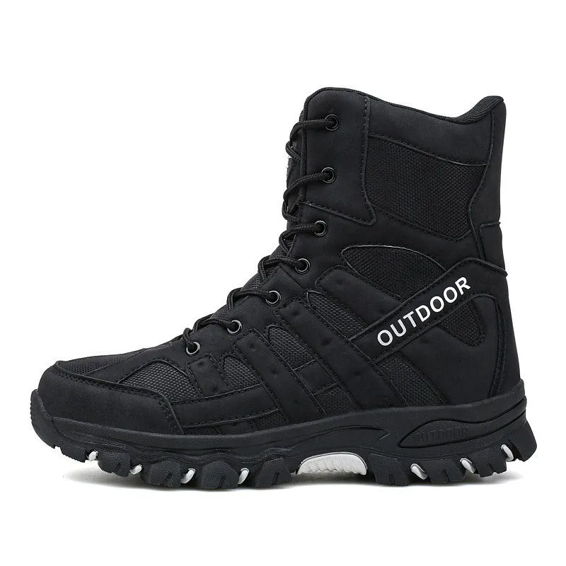 Men's tactical high-top boots in black with wear-resistant rubber outsole, suitable for outdoor mountaineering and field use