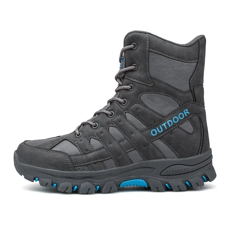 Men's tactical high-top boots in black with wear-resistant rubber outsole, suitable for outdoor mountaineering and field use