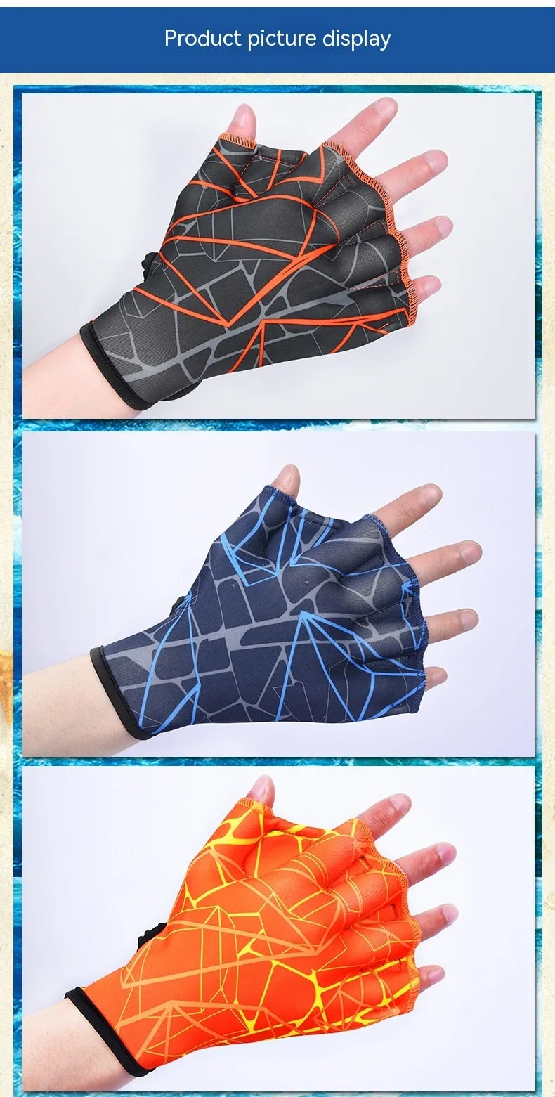 Green print duck foot webbed swimming glove for outdoor water training.