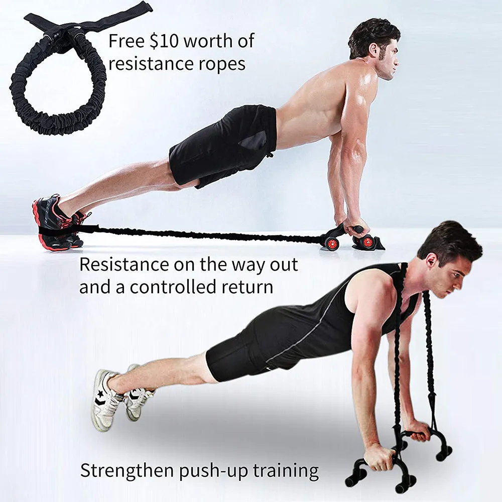 Push-up bracket rebound pull rope set with four-wheeled abdominal muscle wheel on a home gym floor
