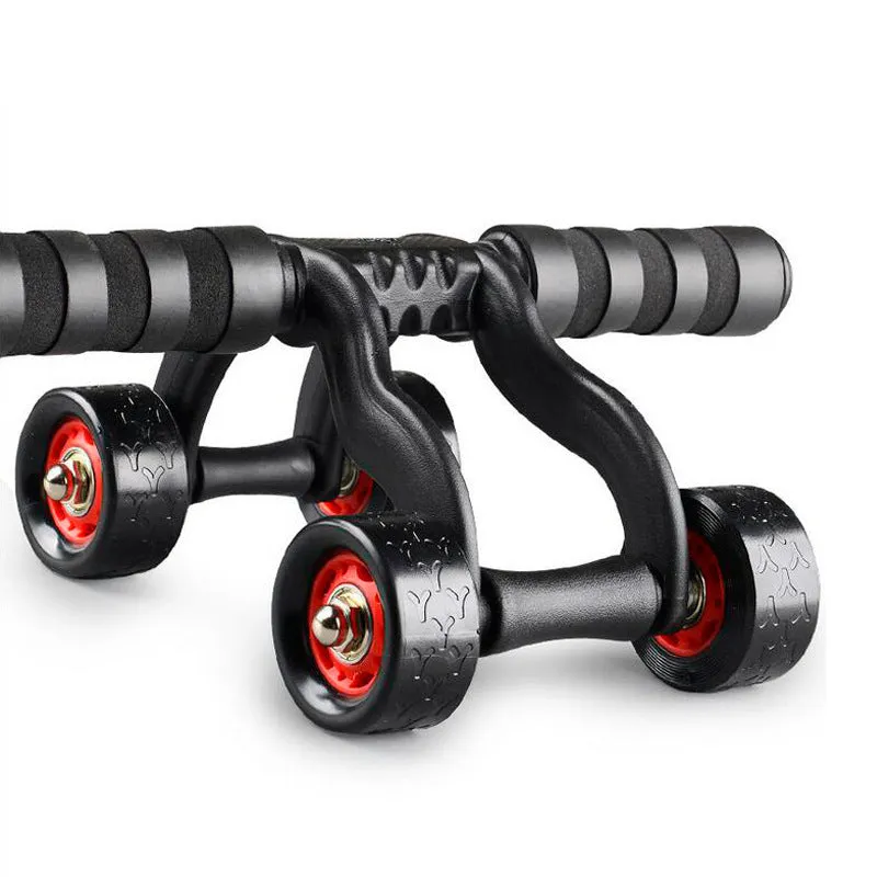 Push-up bracket rebound pull rope set with four-wheeled abdominal muscle wheel on a home gym floor