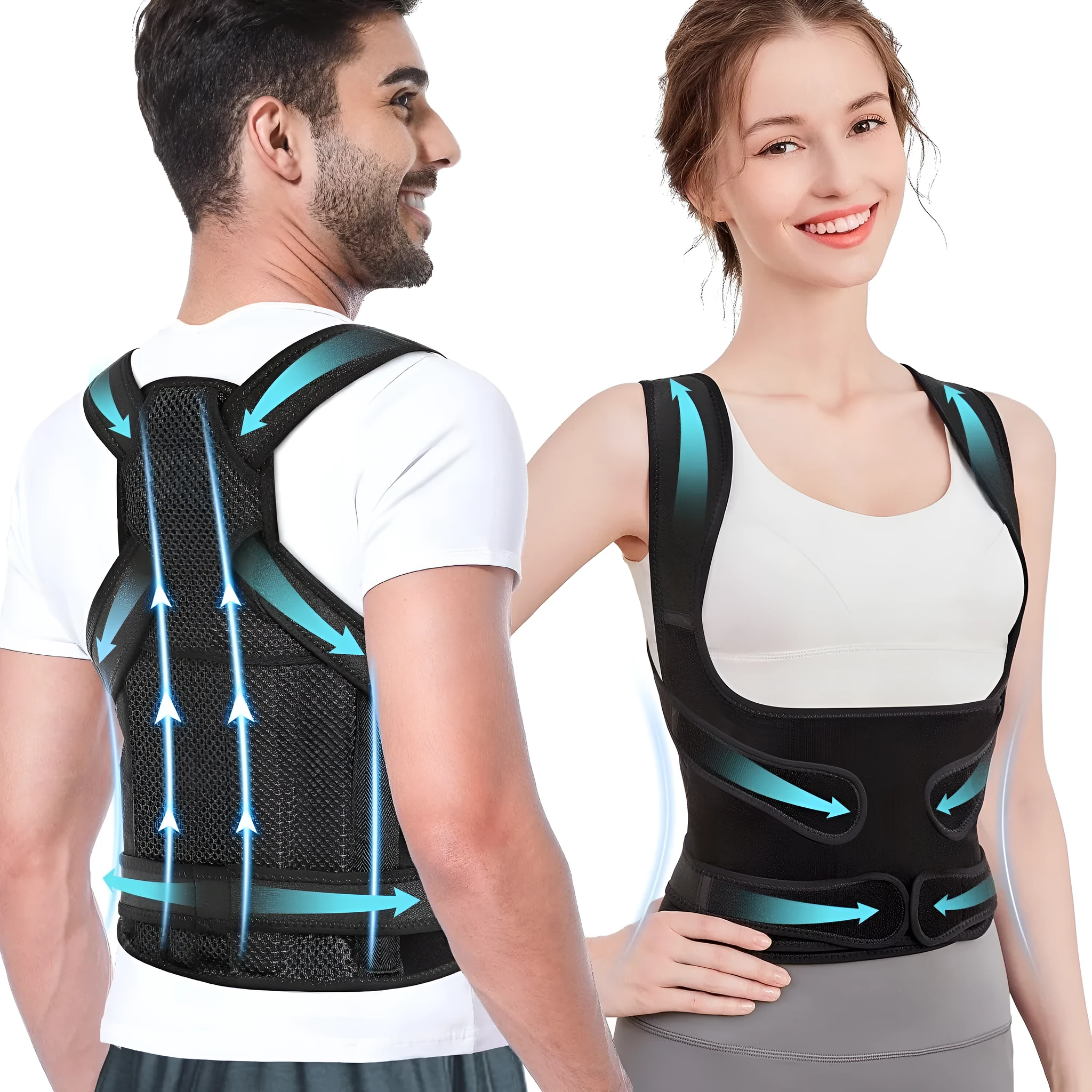 Kyphotone black posture brace with neoprene and mesh for men and women, adjustable back support