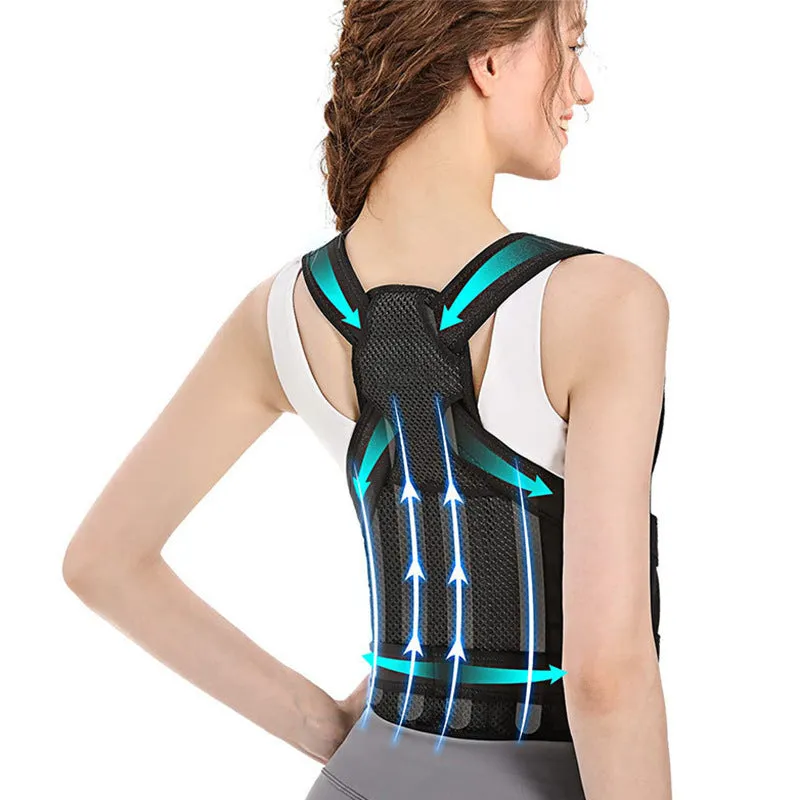 Kyphotone black posture brace with neoprene and mesh for men and women, adjustable back support