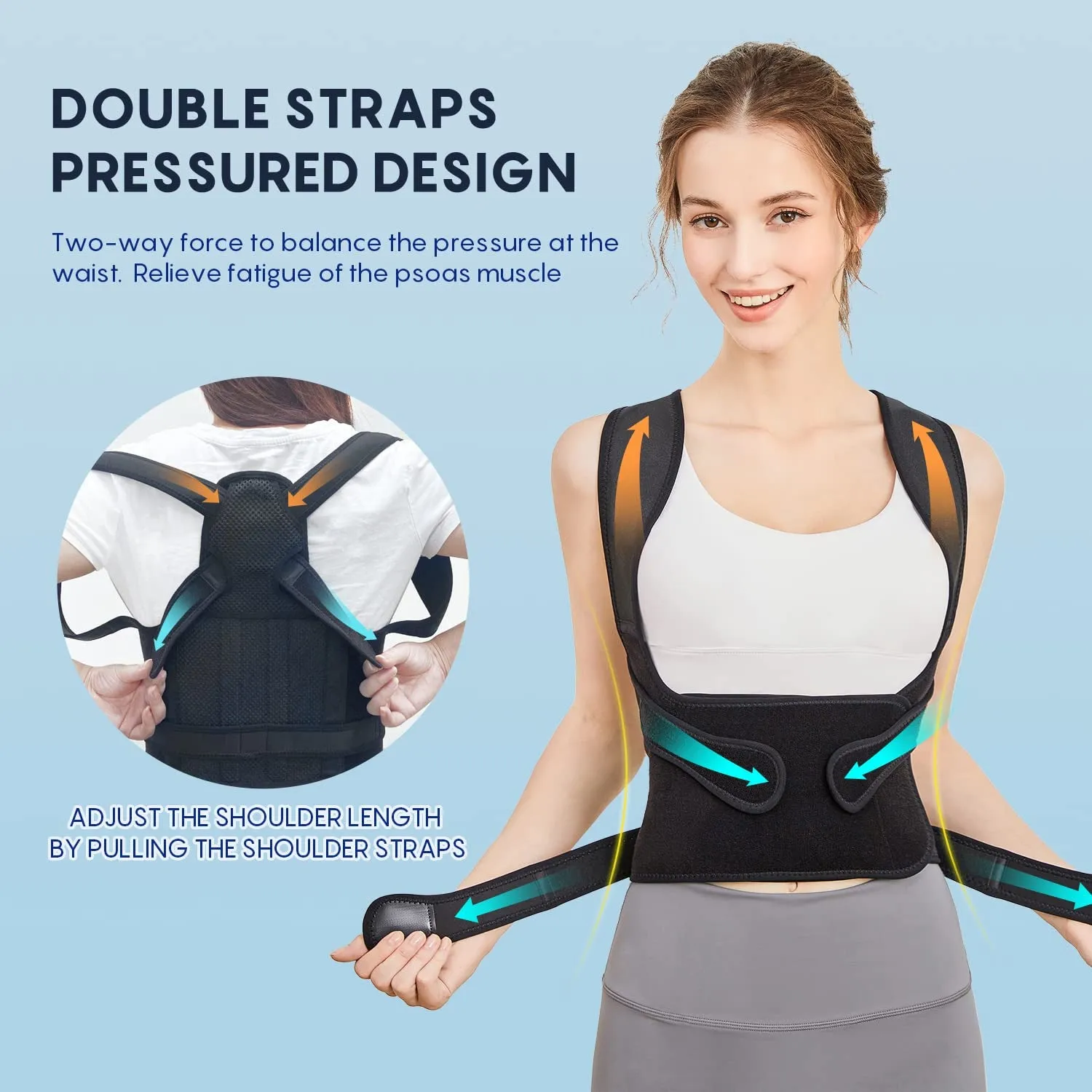 Kyphotone black posture brace with neoprene and mesh for men and women, adjustable back support