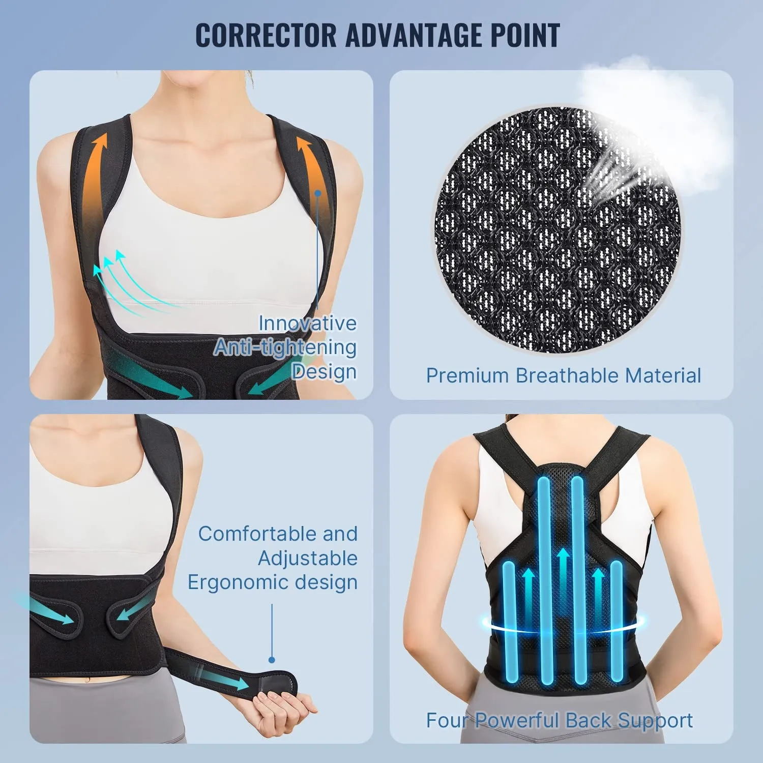 Kyphotone black posture brace with neoprene and mesh for men and women, adjustable back support