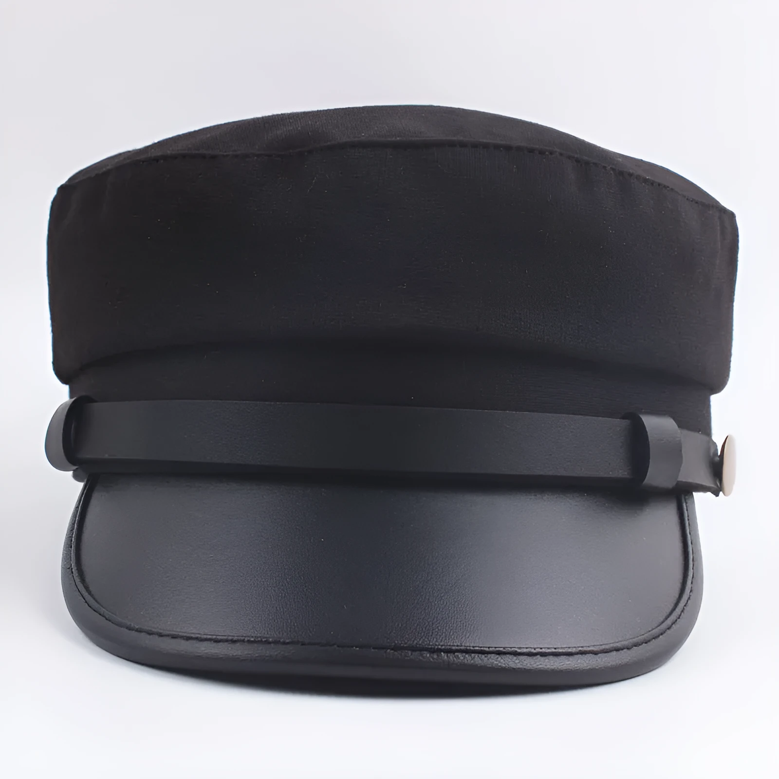 Navy imitation leather flat brim peaked cap with dome crown on white background