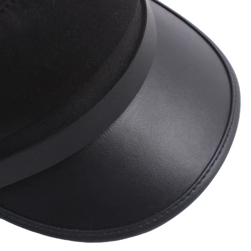 Navy imitation leather flat brim peaked cap with dome crown on white background