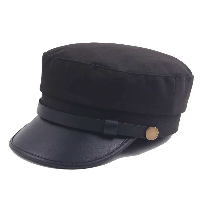 Navy imitation leather flat brim peaked cap with dome crown on white background