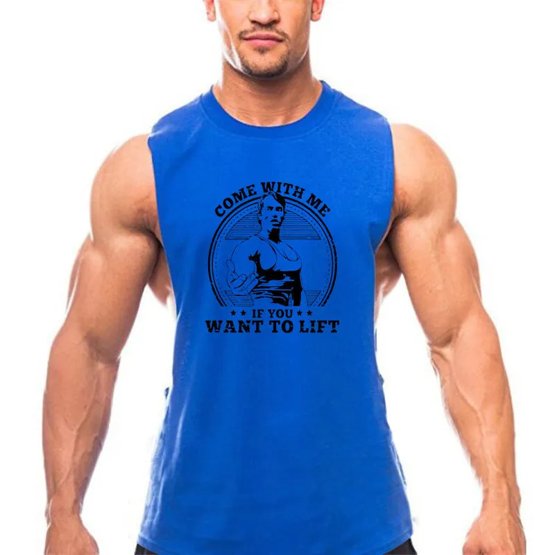 Mr Bodybuilding men's cotton sports vest loose fit round hem printed pattern blue color