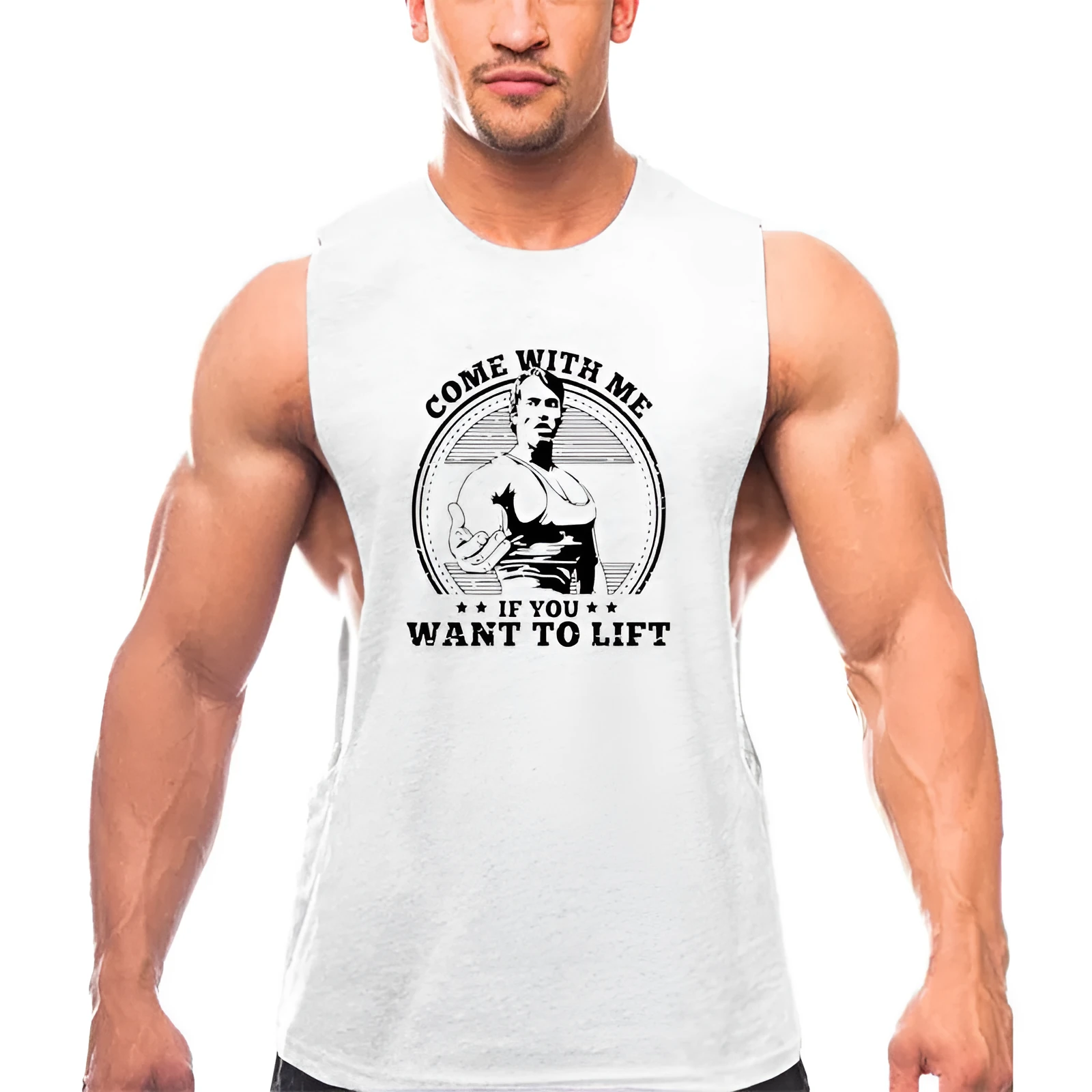 Mr Bodybuilding men's cotton sports vest loose fit round hem printed pattern blue color
