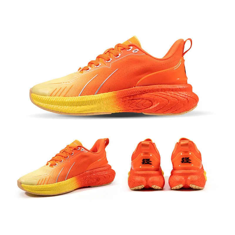 Popcorn thick sole lightweight woven flying running shoes in orange red and orange green colour options