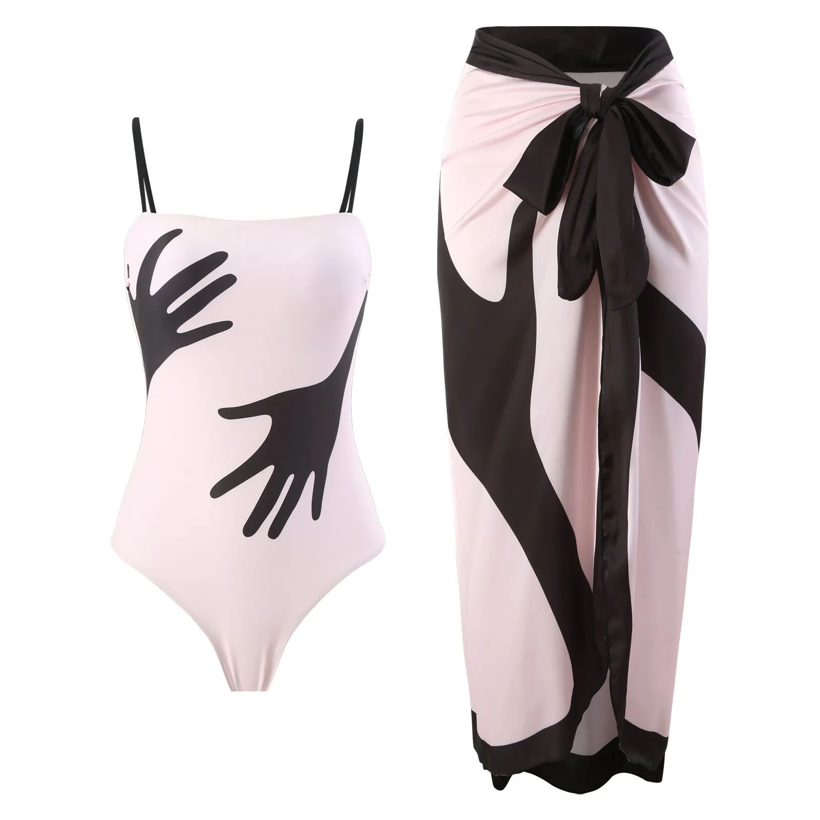 Women's patterned one-piece bikini with tulle skirt swimwear set in polyester fabric