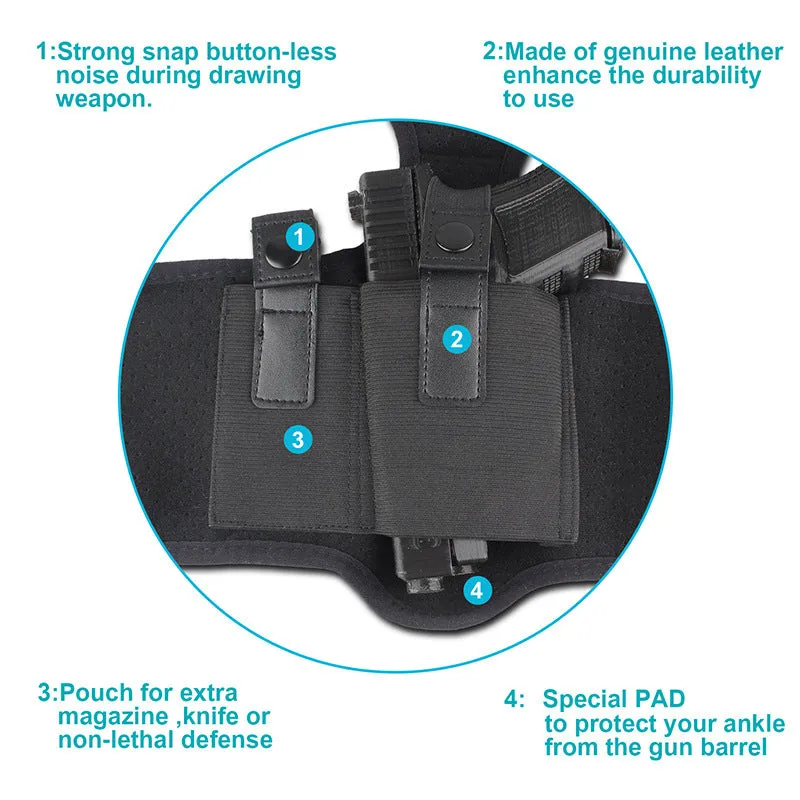Black neoprene invisible ankle holster for universal pistol, side view showing secure fit against leg