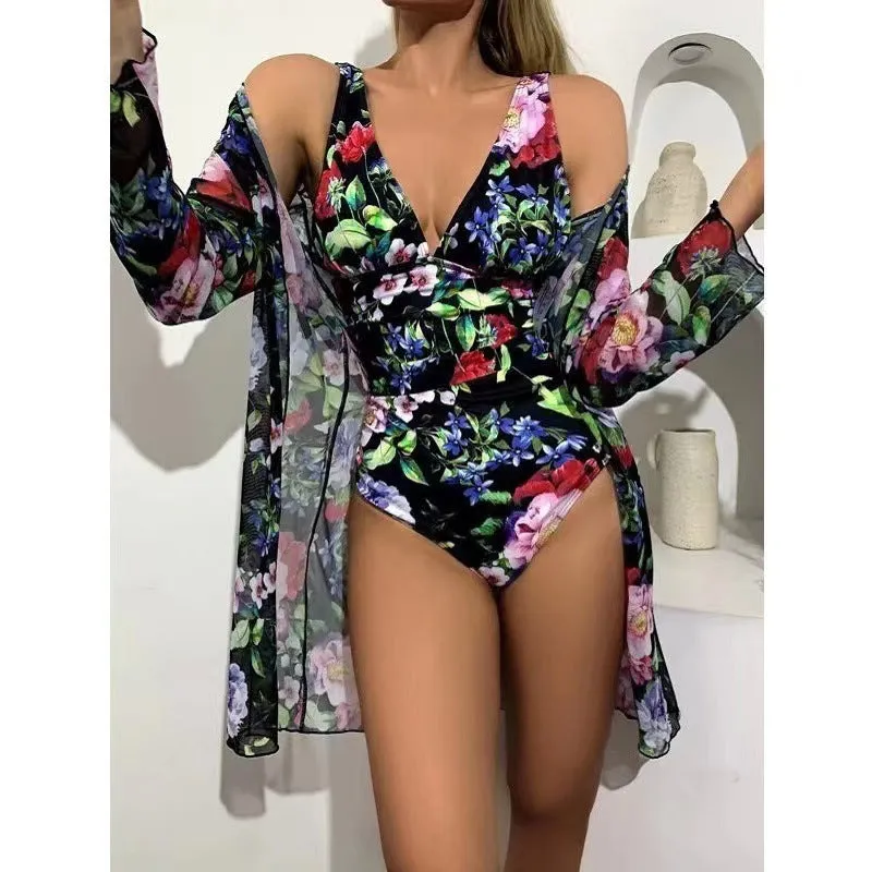 Women's floral patterned bikini and matching coat set in one of seven colour options.