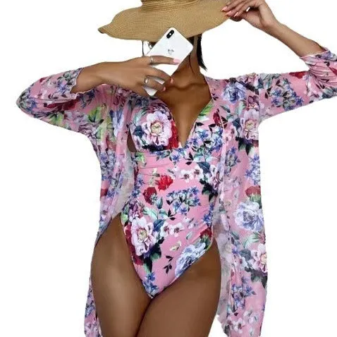 Women's floral patterned bikini and matching coat set in one of seven colour options.