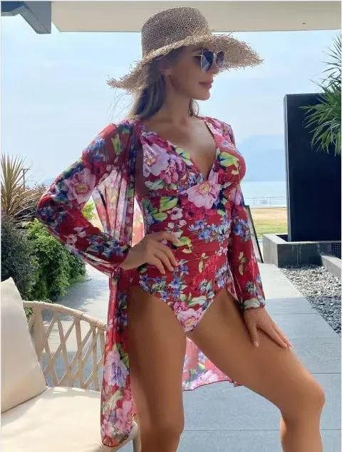 Women's floral patterned bikini and matching coat set in one of seven colour options.