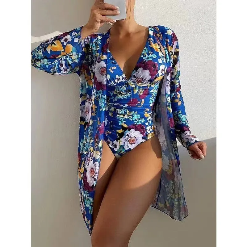 Women's floral patterned bikini and matching coat set in one of seven colour options.