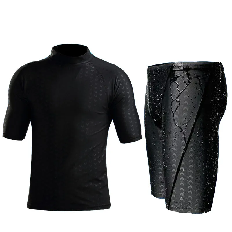Men's black leopard print quick-drying split swimsuit top for snorkelling and swimming