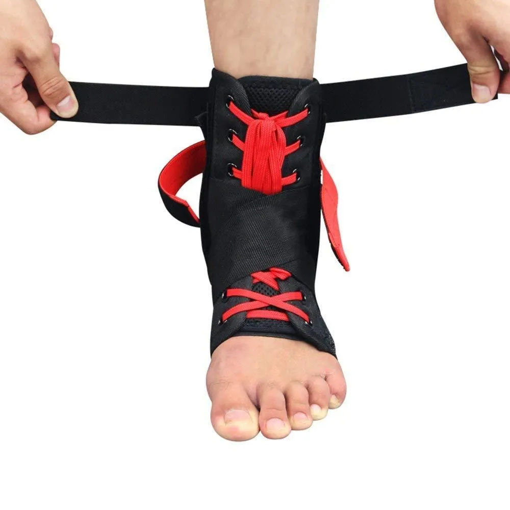 Kuangmi adjustable ankle brace in black red for sport foot stabilizer with straps