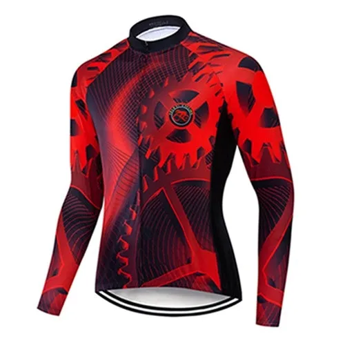 Teleyi red long sleeve fleece cycling jersey with gear pattern for winter cycling sport