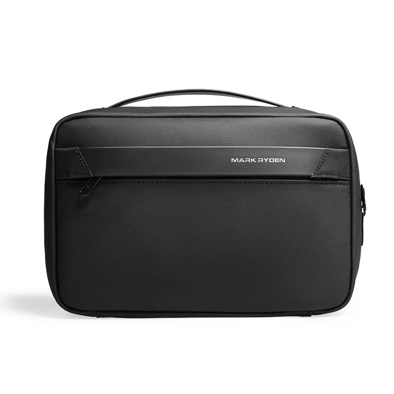 Black Oxford cloth toiletries bag with multiple compartments open, showing wet-dry separation design.