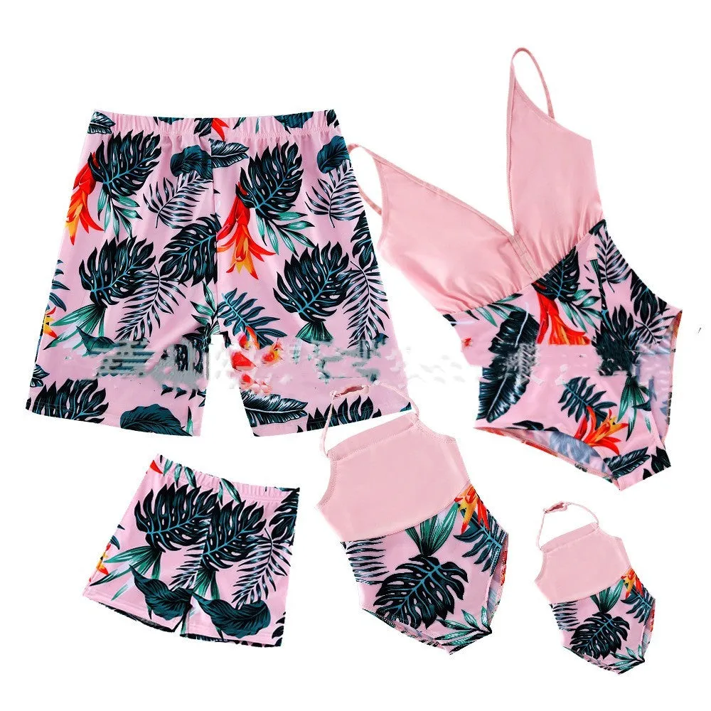 Parent-child quick dry swimsuit set in green, pink, red with polyester acetate blend fabric