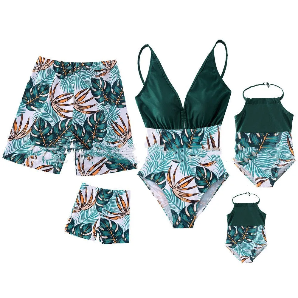 Parent-child quick dry swimsuit set in green, pink, red with polyester acetate blend fabric