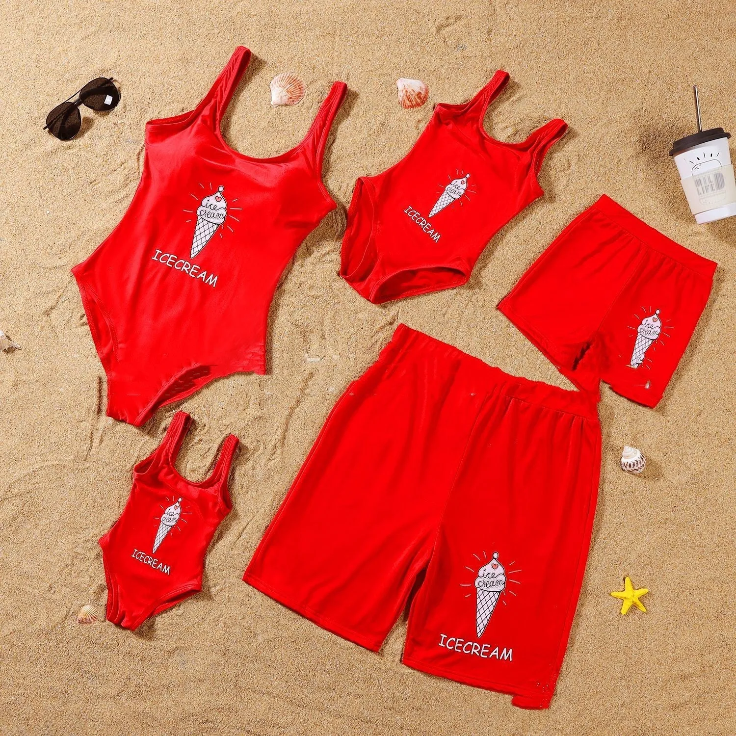 Parent-child quick dry swimsuit set in green, pink, red with polyester acetate blend fabric