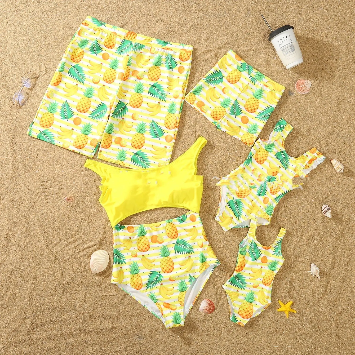 Parent-child quick dry swimsuit set in green, pink, red with polyester acetate blend fabric