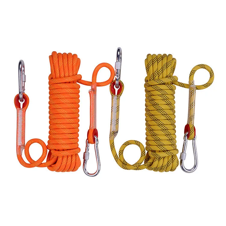 10m outdoor climbing rope with 10mm thickness in polyester sheath and silk core for safety use
