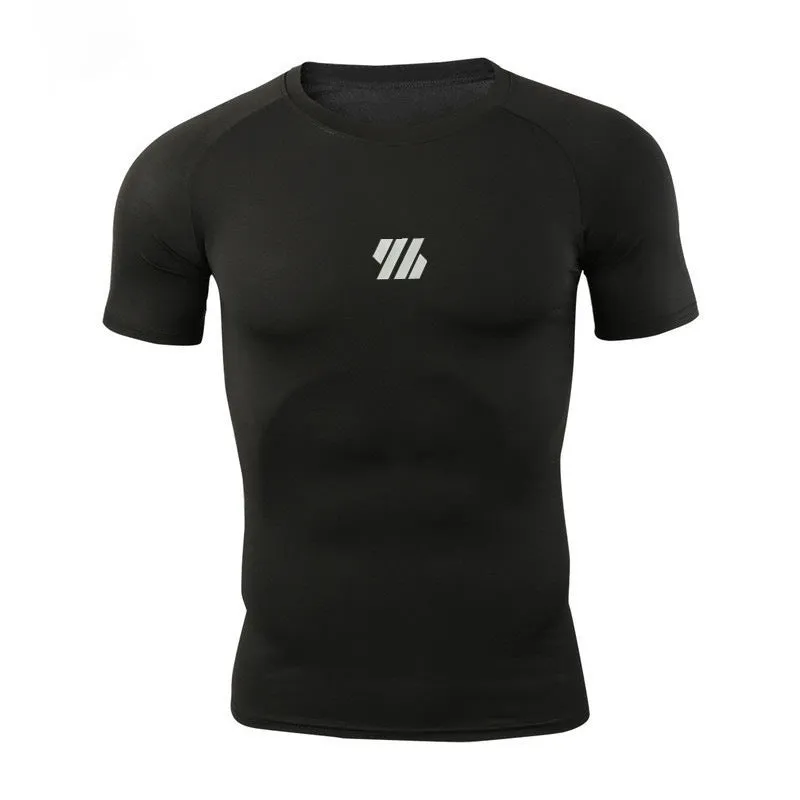 Men's quick-drying compression top in solid colour, polyester fabric, available in black white light pink navy blue sizes M to 3XL