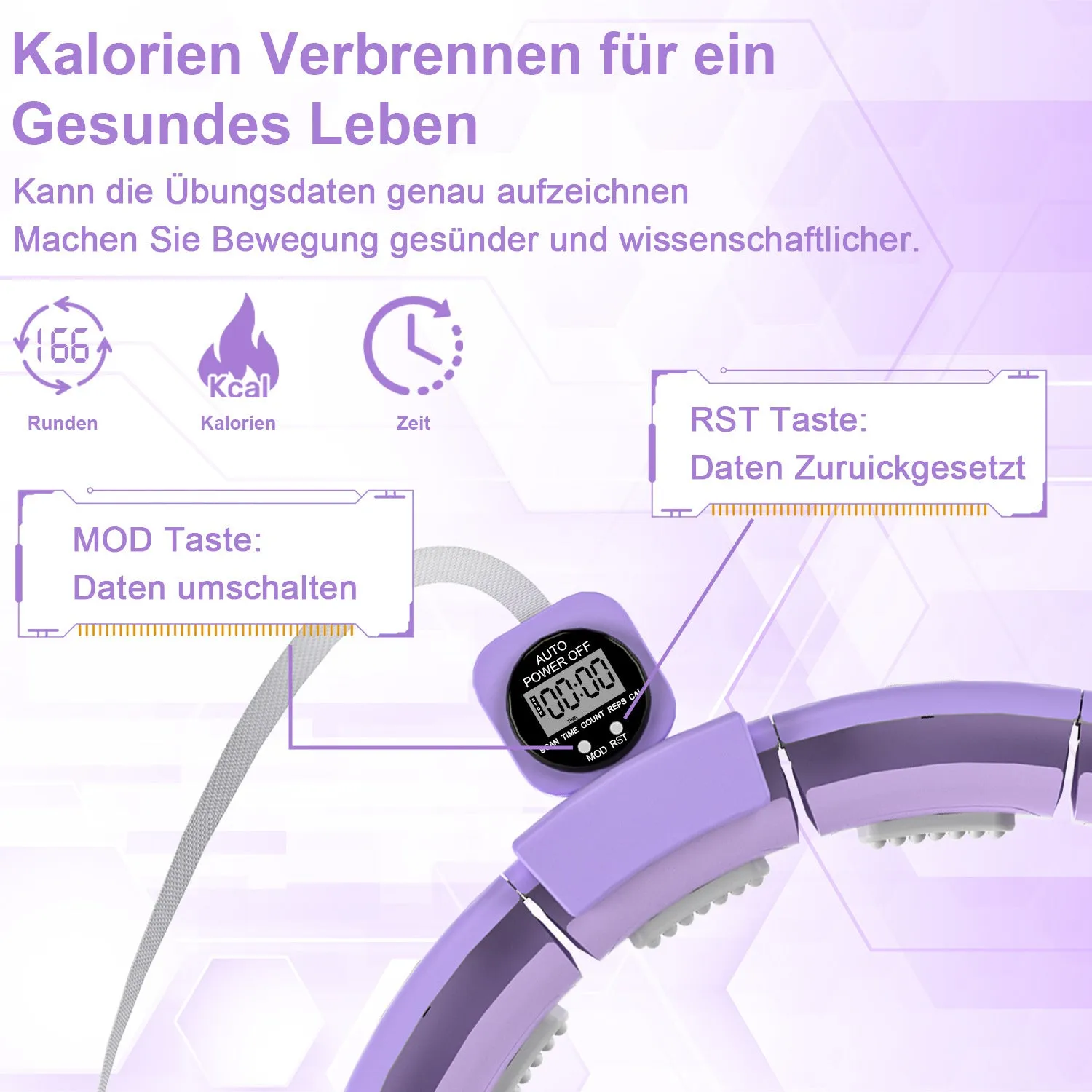 Detachable massage hula hoop in purple with 18 sections on a white background