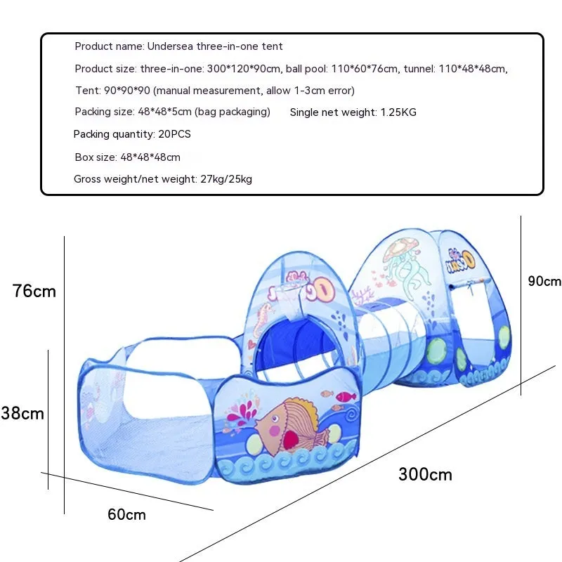 Cartoon themed three-in-one children's play tent with ball pool and tunnel