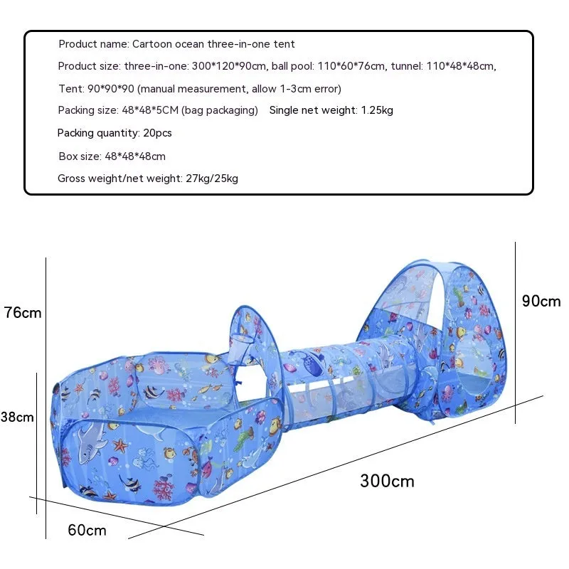 Cartoon themed three-in-one children's play tent with ball pool and tunnel