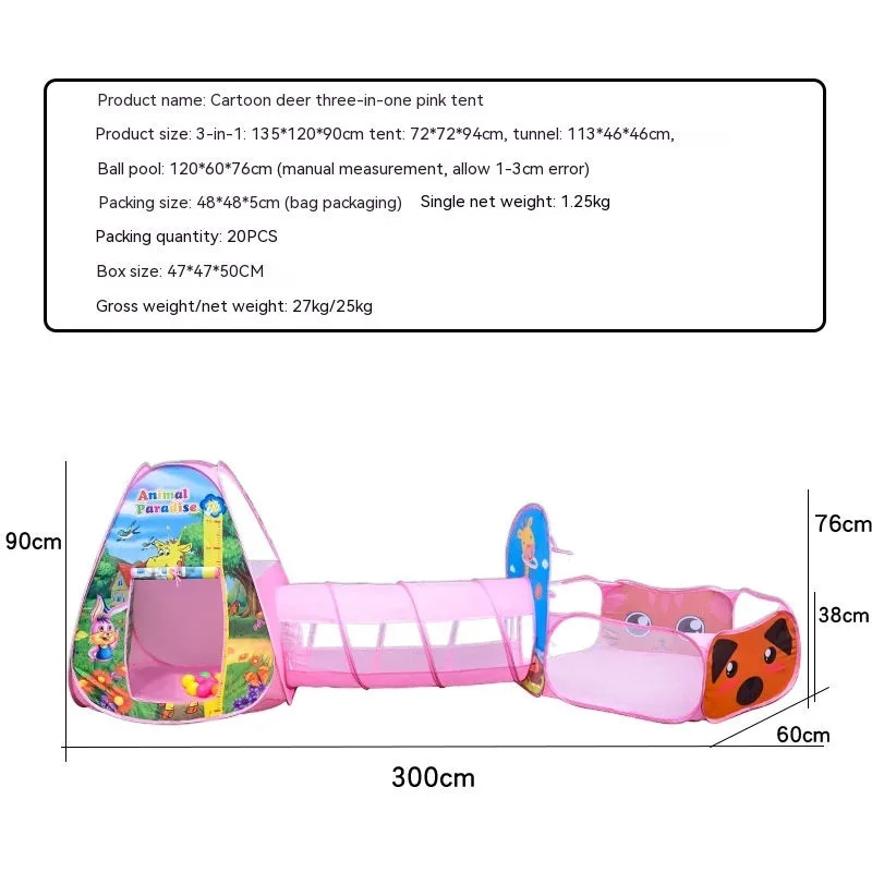 Cartoon themed three-in-one children's play tent with ball pool and tunnel