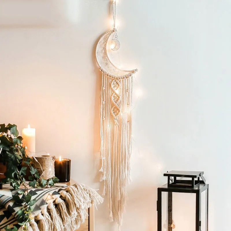 Handmade woven dreamcatcher hanging lamp with integrated light, 90cm long, hoop cotton thread, star moon motif