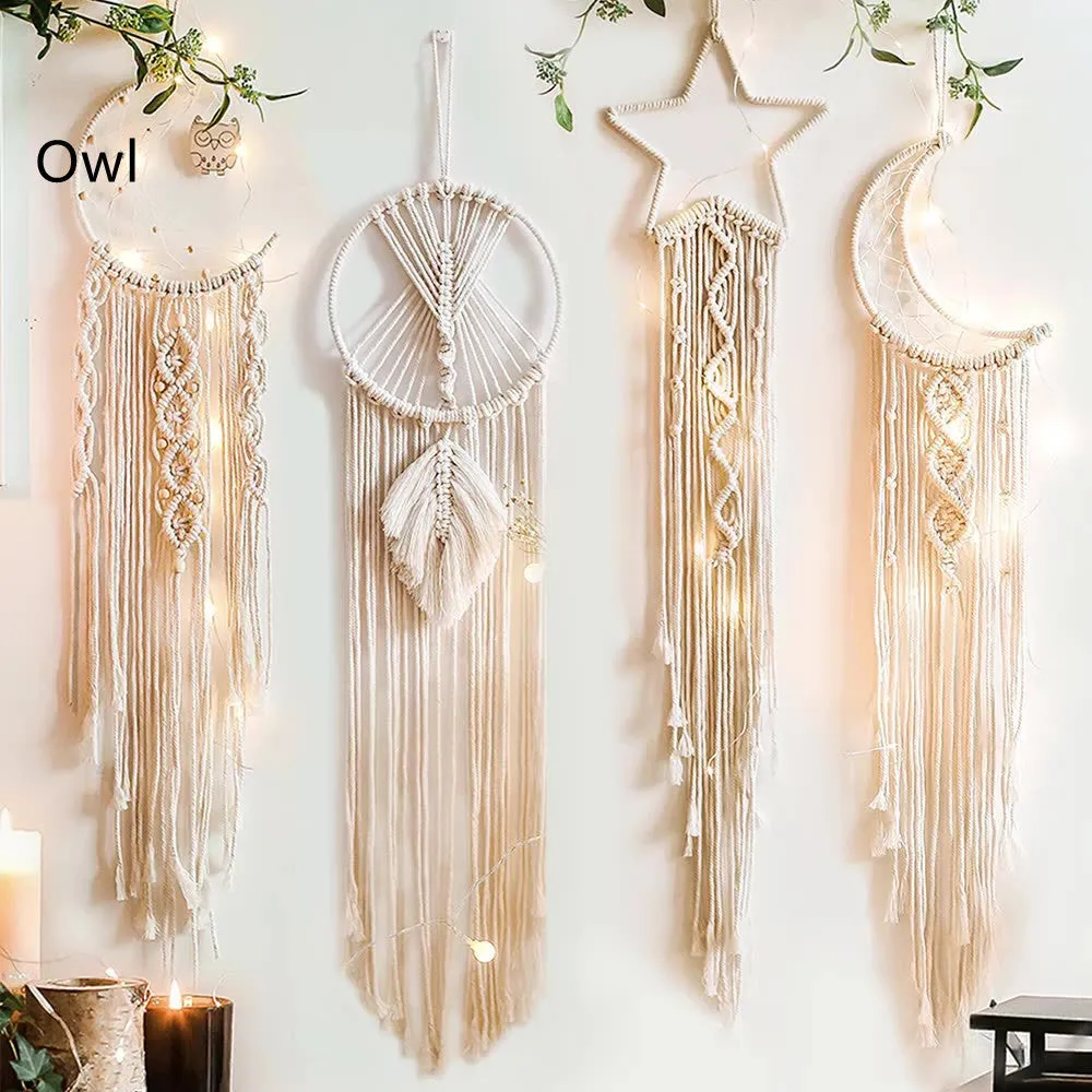 Handmade woven dreamcatcher hanging lamp with integrated light, 90cm long, hoop cotton thread, star moon motif