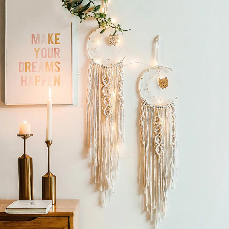 Handmade woven dreamcatcher hanging lamp with integrated light, 90cm long, hoop cotton thread, star moon motif