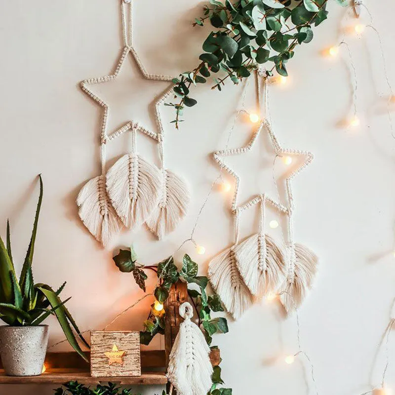 Handmade woven dreamcatcher hanging lamp with integrated light, 90cm long, hoop cotton thread, star moon motif