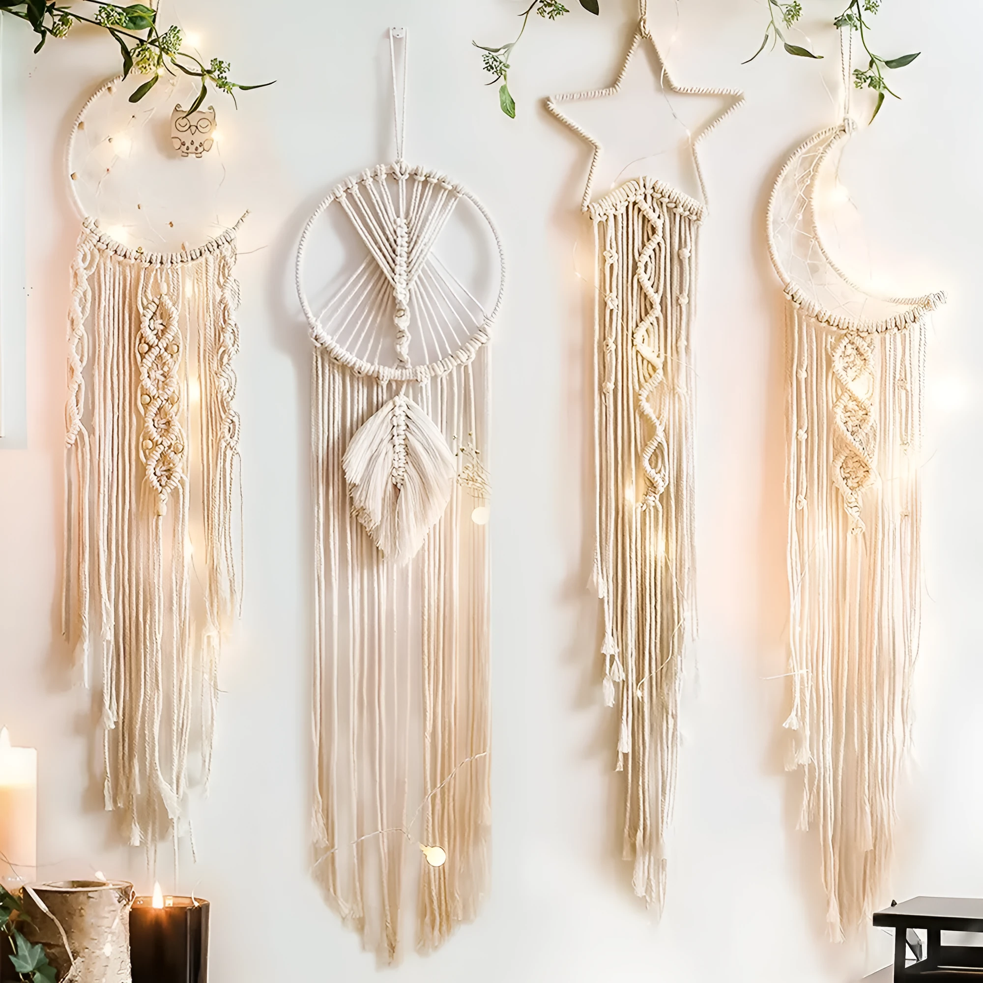 Handmade woven dreamcatcher hanging lamp with integrated light, 90cm long, hoop cotton thread, star moon motif