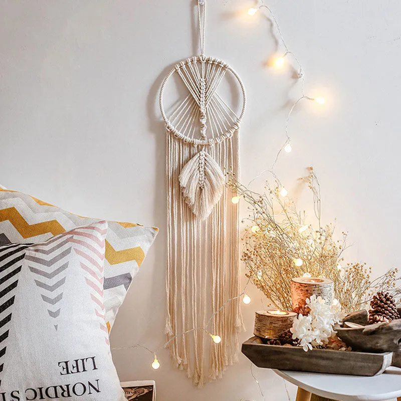Handmade woven dreamcatcher hanging lamp with integrated light, 90cm long, hoop cotton thread, star moon motif
