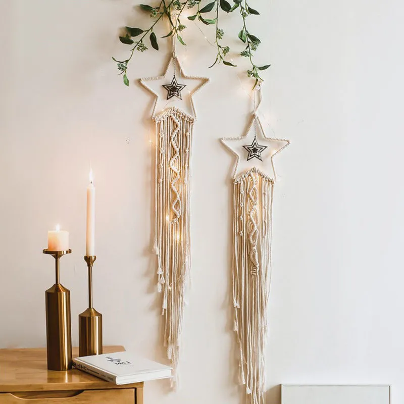 Handmade woven dreamcatcher hanging lamp with integrated light, 90cm long, hoop cotton thread, star moon motif