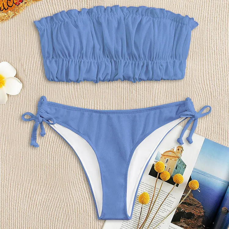Women's solid colour polyester bikini set with chest pad, no underwire, available in black, white, purple, rose red, green, fluorescent colours, sizes S M L