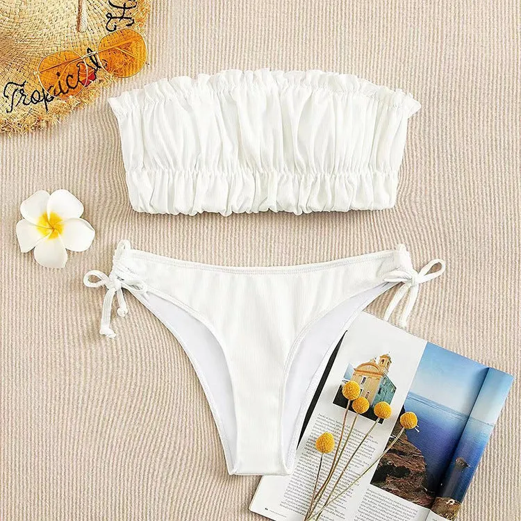 Women's solid colour polyester bikini set with chest pad, no underwire, available in black, white, purple, rose red, green, fluorescent colours, sizes S M L