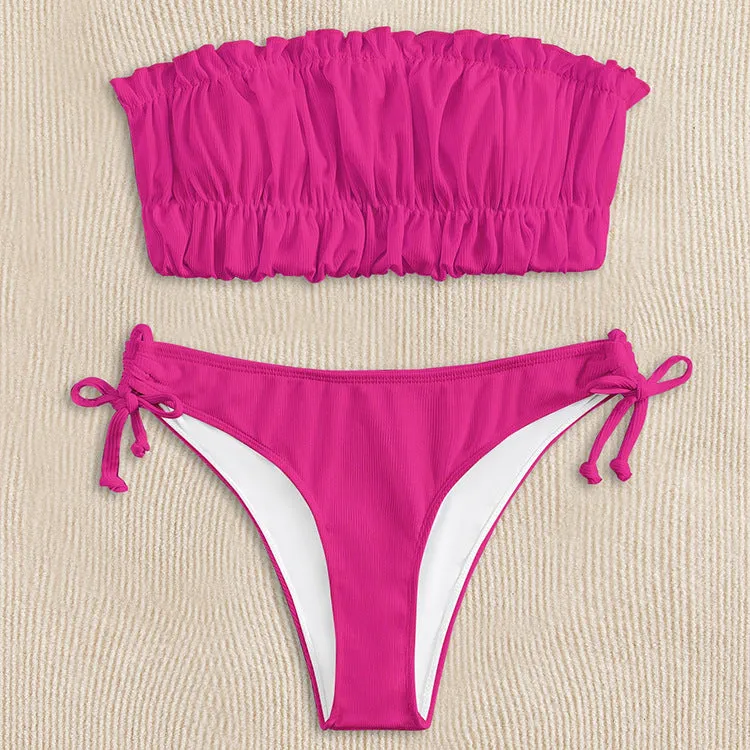 Women's solid colour polyester bikini set with chest pad, no underwire, available in black, white, purple, rose red, green, fluorescent colours, sizes S M L
