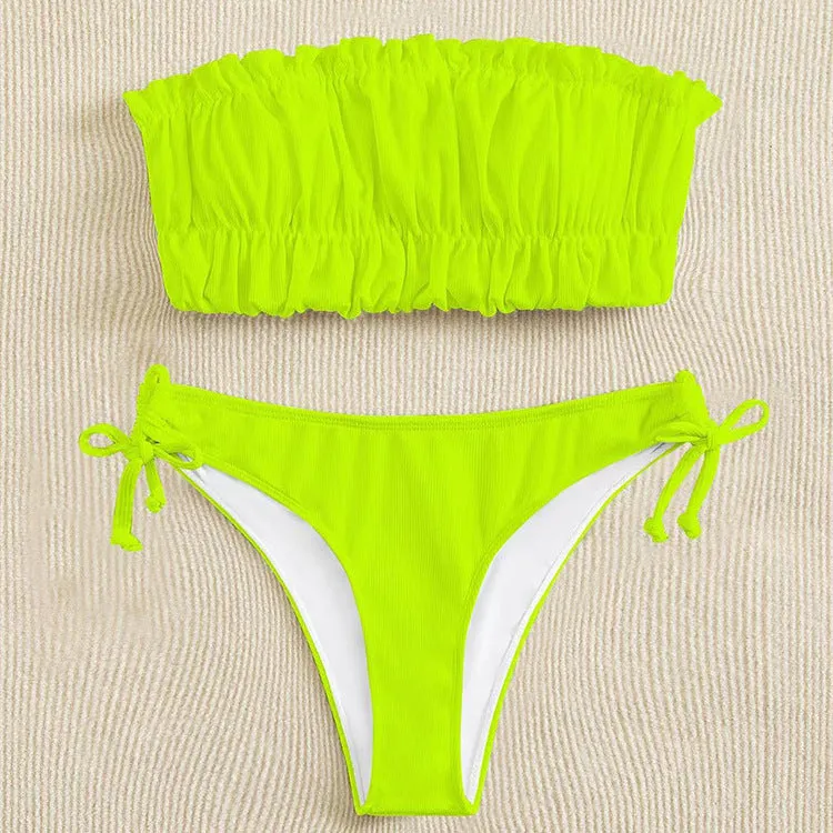 Women's solid colour polyester bikini set with chest pad, no underwire, available in black, white, purple, rose red, green, fluorescent colours, sizes S M L