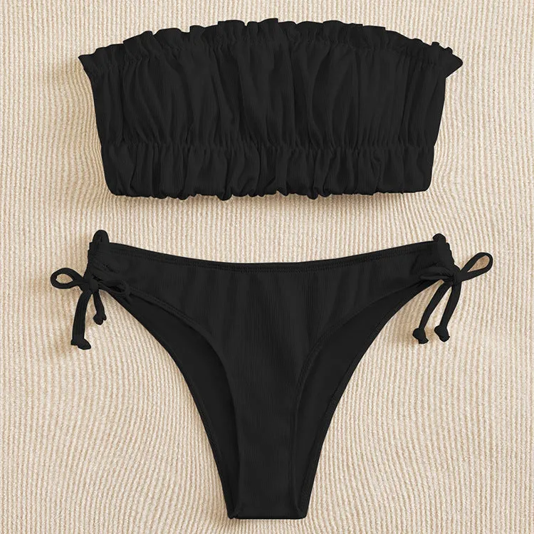 Women's solid colour polyester bikini set with chest pad, no underwire, available in black, white, purple, rose red, green, fluorescent colours, sizes S M L