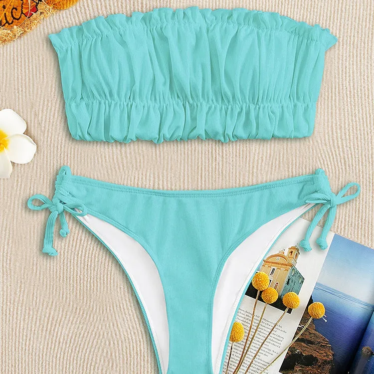 Women's solid colour polyester bikini set with chest pad, no underwire, available in black, white, purple, rose red, green, fluorescent colours, sizes S M L
