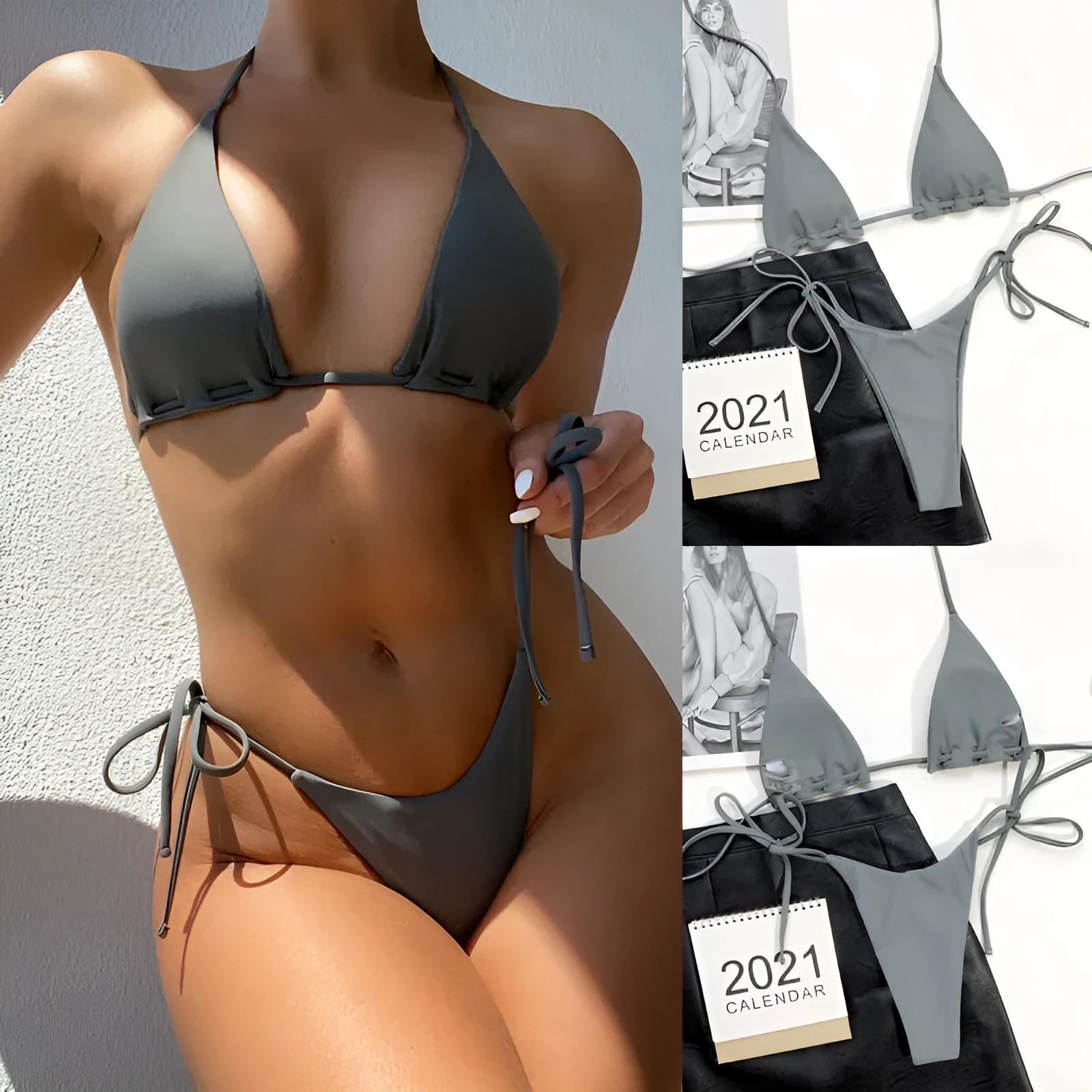 Grey nylon triangle bag swimsuit set with rope lanyard for women, including bra and panties